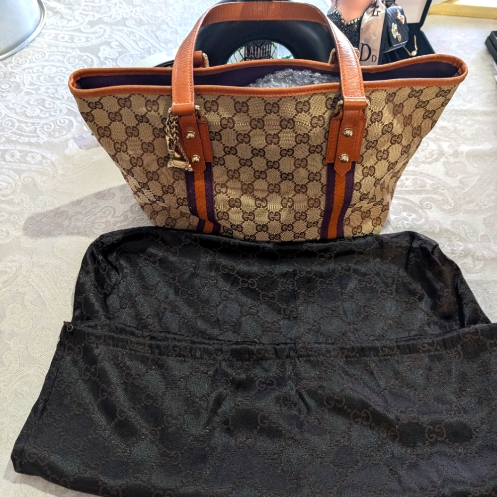 Gucci GG Canvas & Leather Tote w/Plum & Orange Stripe and Charms. EUC.